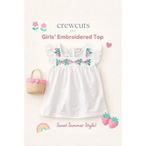 Crewcuts Girls Strawberry Embroidered Top Size 8 White Flutter Sleeve